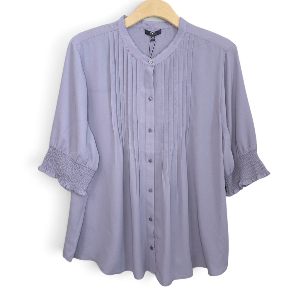 NYDJ Blouse Womens XL Lilac Lavender Pintuck Pleated Smocked Cuff Peasant Top